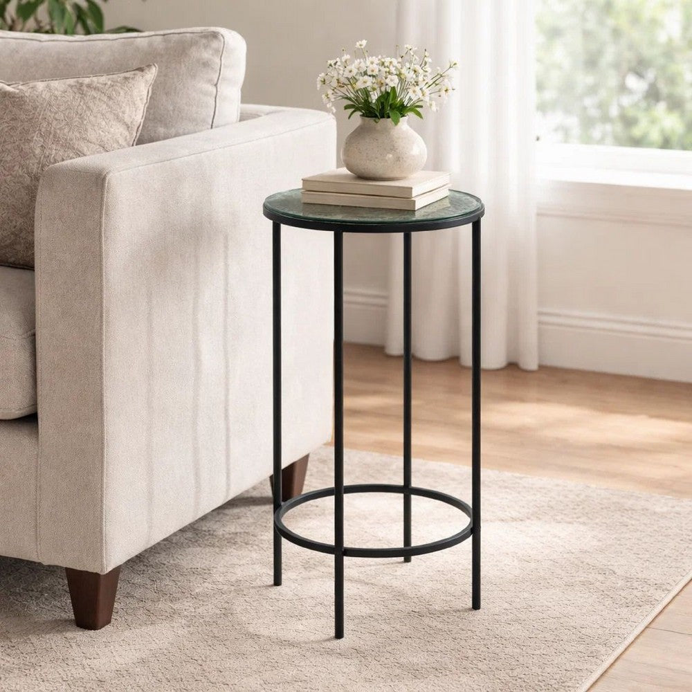 Hex Accent Table | 12" Round Recycled Glass Top | Black Iron Frame