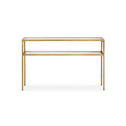 Ted Sofa Console Table w Open Shelf | 48" Glass Top | Gold Iron