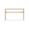 Ted Sofa Console Table w Open Shelf | 48" Glass Top | Gold Iron
