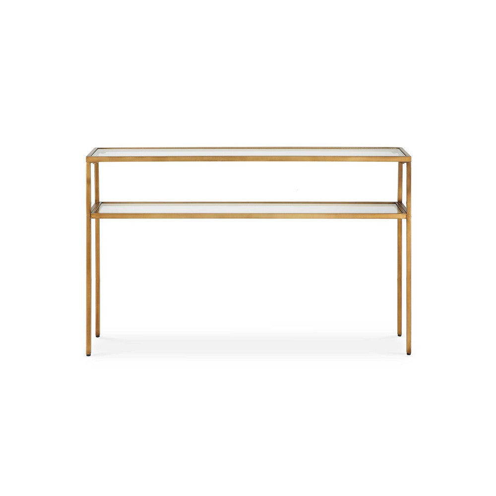 Ted Sofa Console Table w Open Shelf | 48" Glass Top | Gold Iron