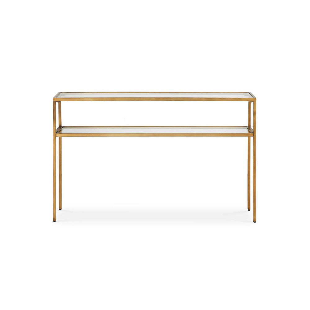 Ted Sofa Console Table w Open Shelf | 48" Glass Top | Gold Iron