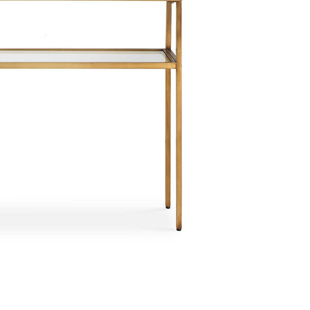 Ted Sofa Console Table w Open Shelf | 48" Glass Top | Gold Iron