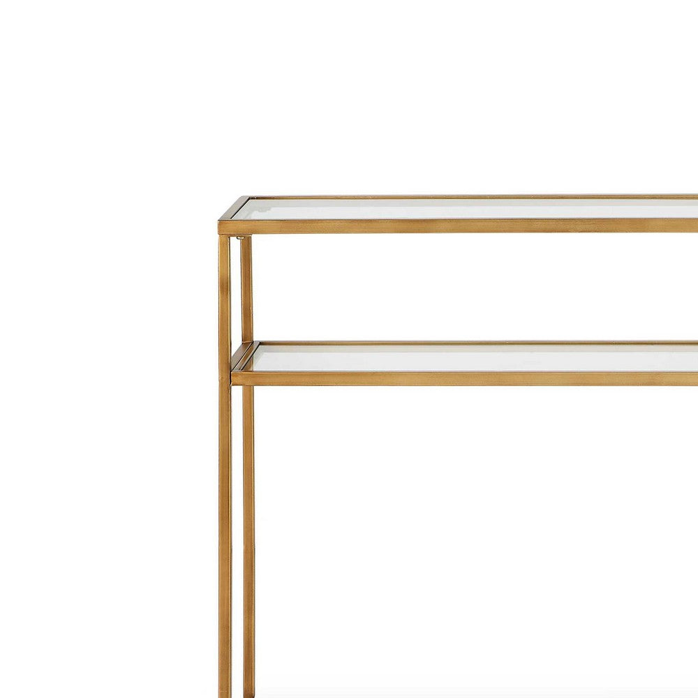 Ted Sofa Console Table w Open Shelf | 48" Glass Top | Gold Iron