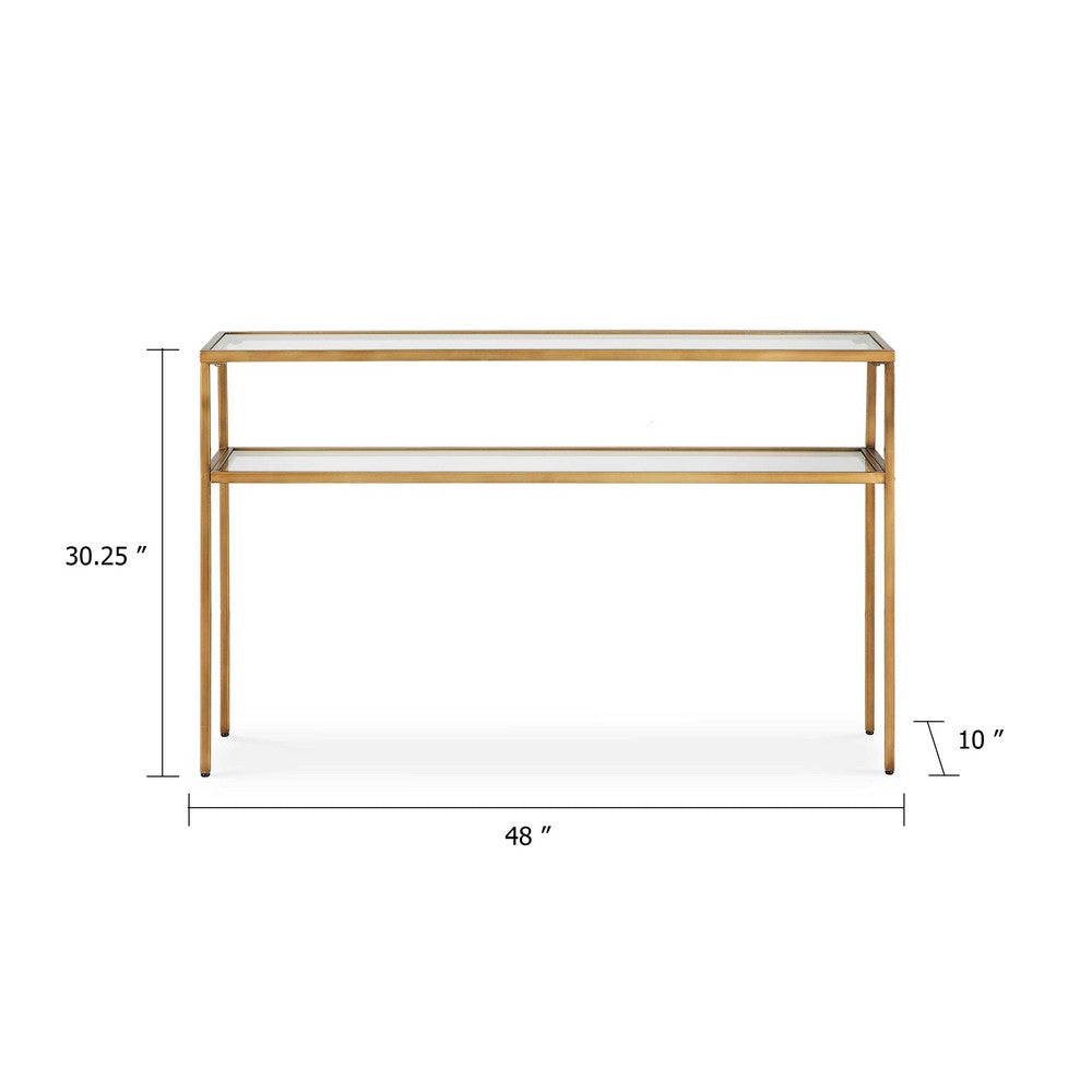 Ted Sofa Console Table w Open Shelf | 48" Glass Top | Gold Iron