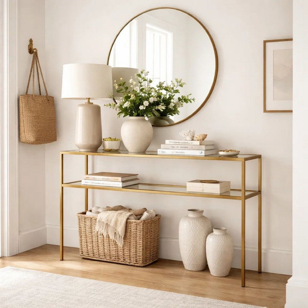 Ted Sofa Console Table w Open Shelf | 48" Glass Top | Gold Iron