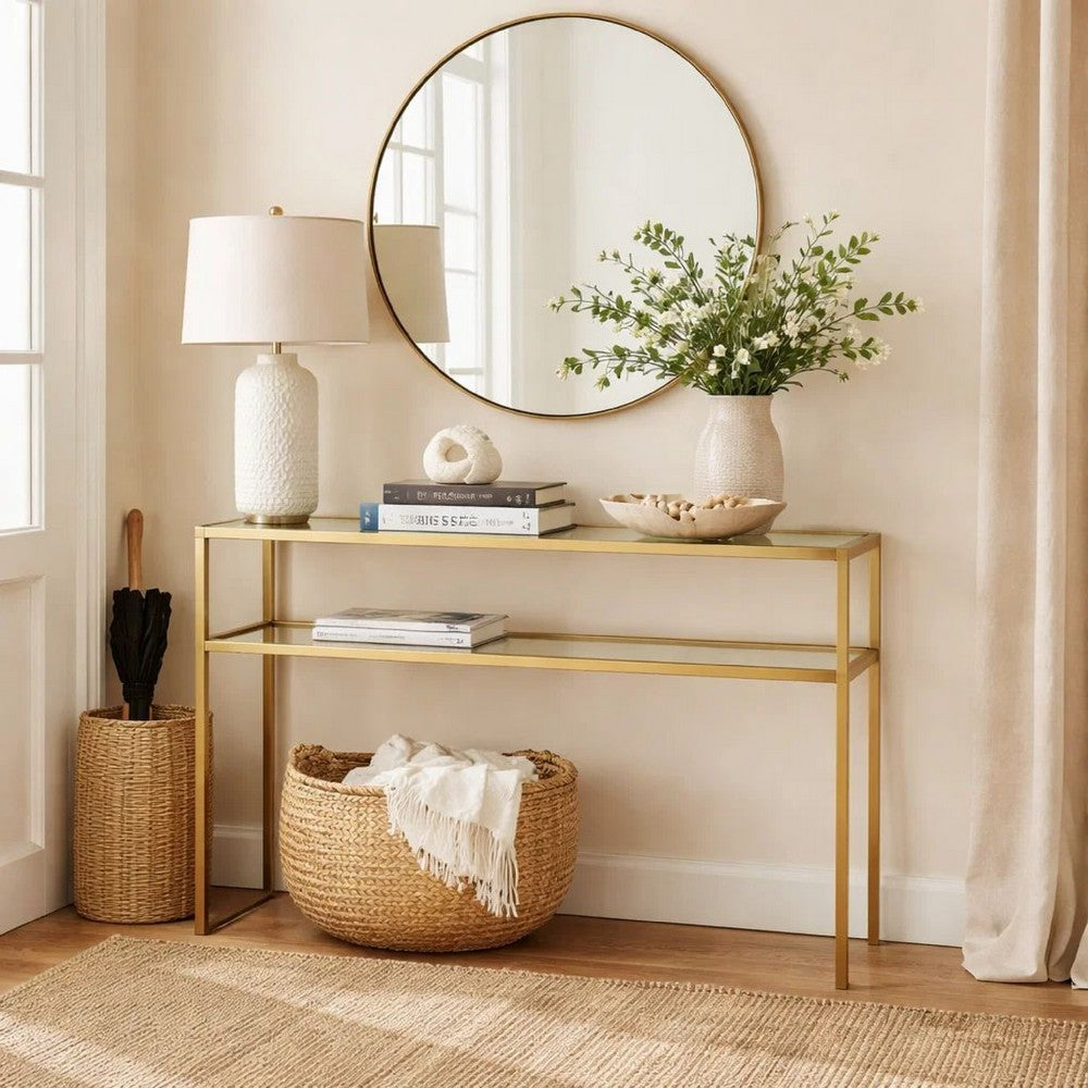 Ted Sofa Console Table w Open Shelf | 48" Glass Top | Gold Iron