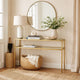Ted Sofa Console Table w Open Shelf | 48" Glass Top | Gold Iron