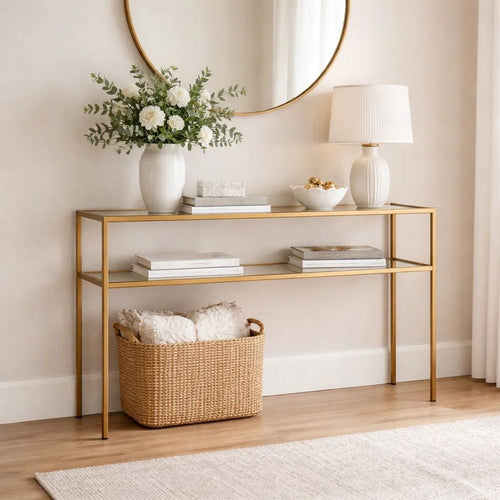 Ted Sofa Console Table w Open Shelf | 48" Glass Top | Gold Iron