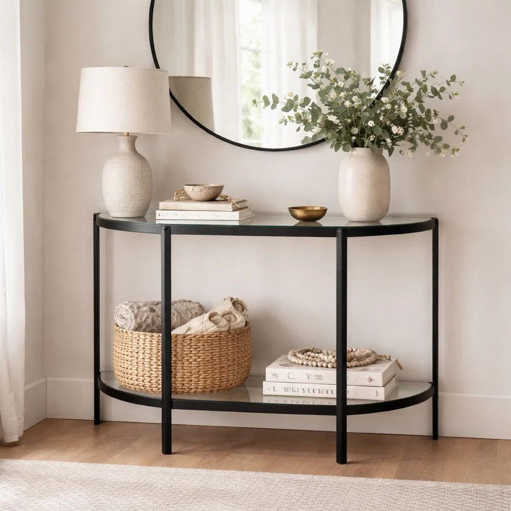 Nizy Sofa Console Table | 36" Glass Top | 1 Open Shelf | Black Iron