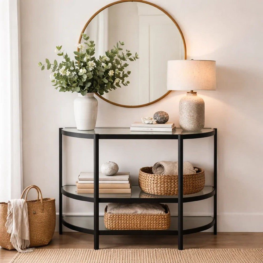 Nizy Sofa Console Table | 36" Glass Top | 1 Open Shelf | Black Iron