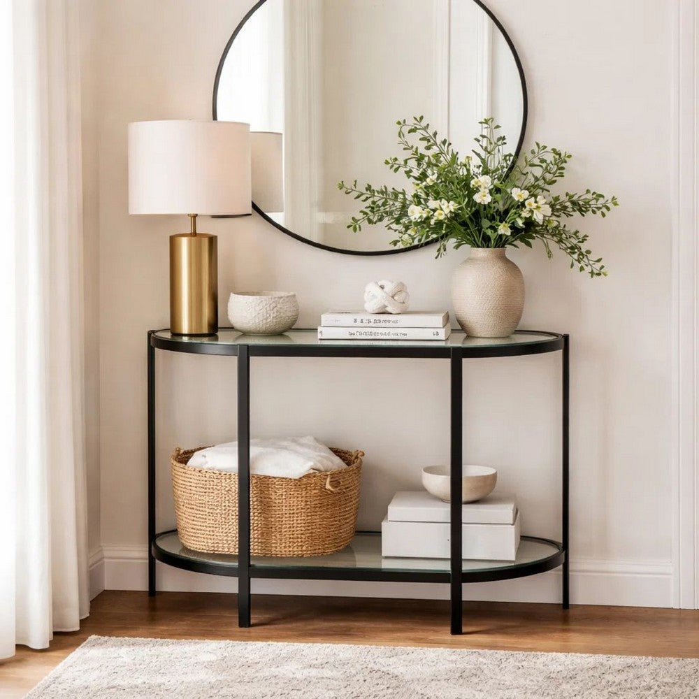 Nizy Sofa Console Table | 36" Glass Top | 1 Open Shelf | Black Iron
