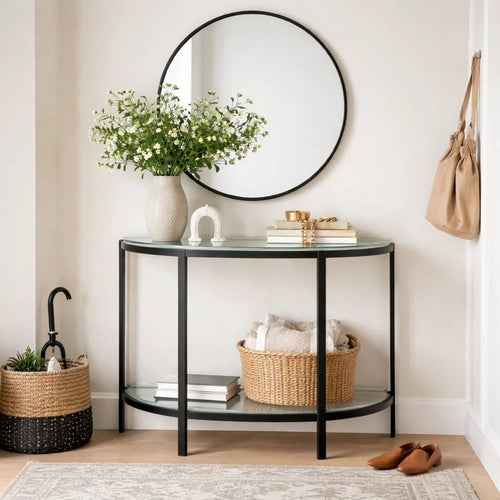 Nizy Sofa Console Table | 36" Glass Top | 1 Open Shelf | Black Iron