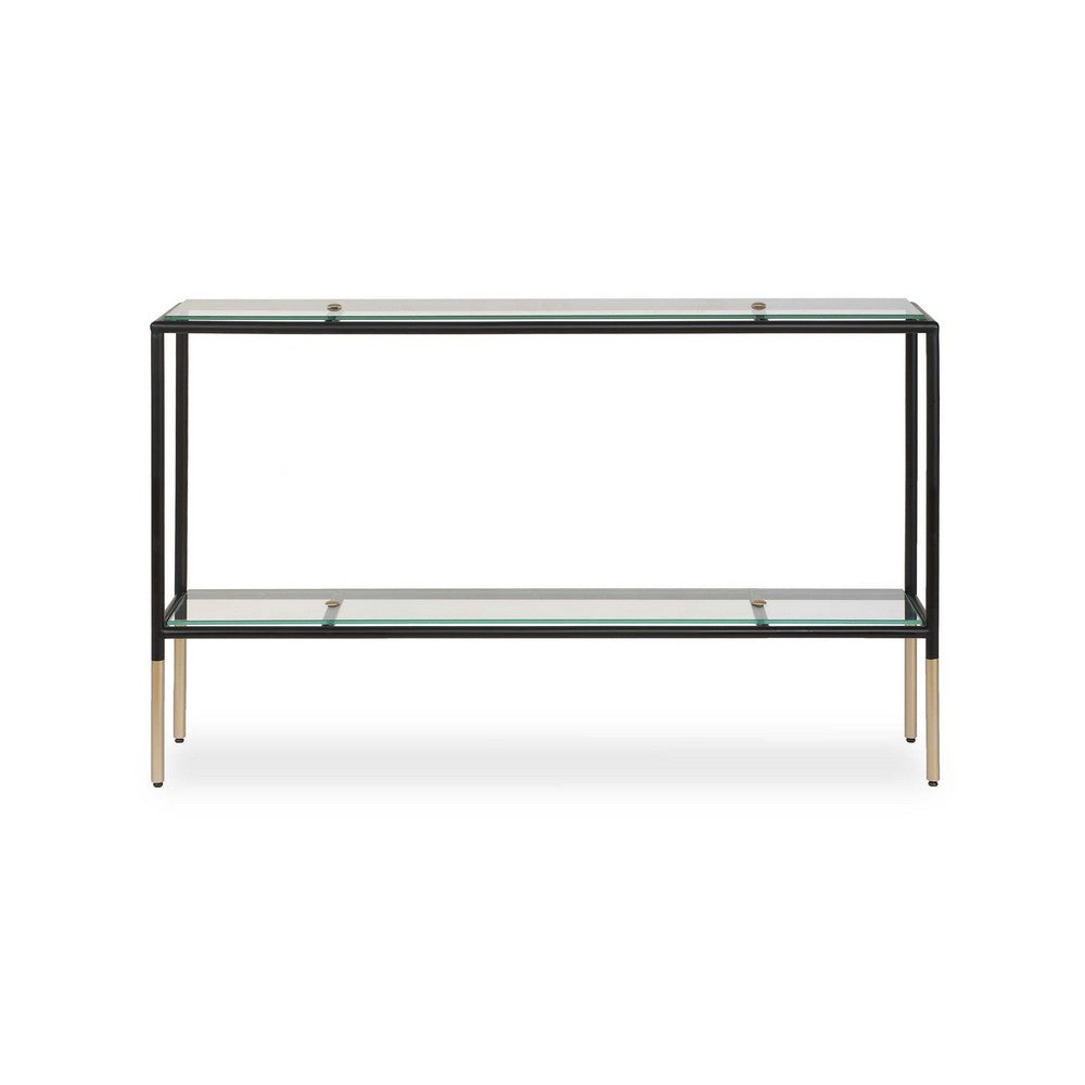 Beny Sofa Console Table | 48" Glass Top | 1 Shelf | Modern Black Iron