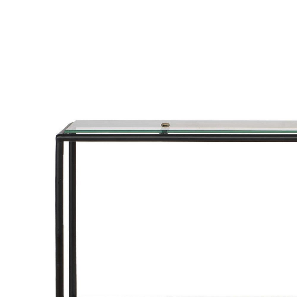 Beny Sofa Console Table | 48" Glass Top | 1 Shelf | Modern Black Iron