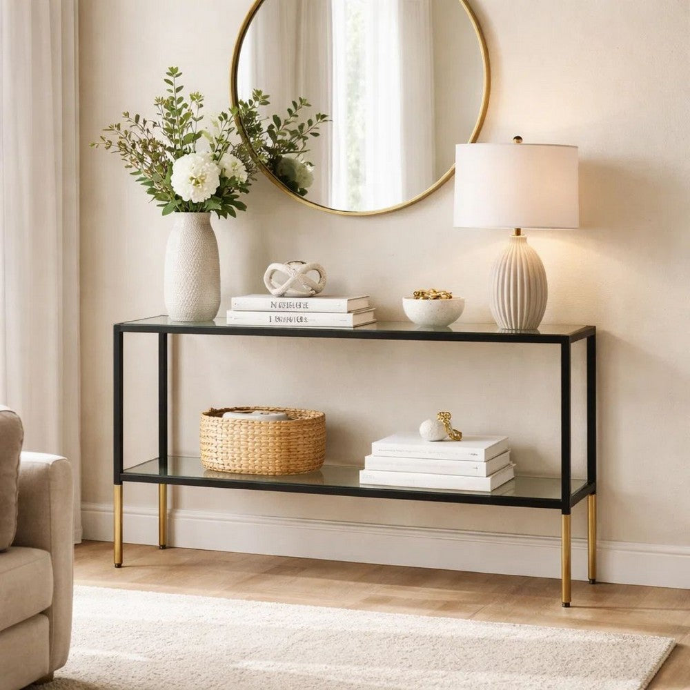Beny Sofa Console Table | 48" Glass Top | 1 Shelf | Modern Black Iron