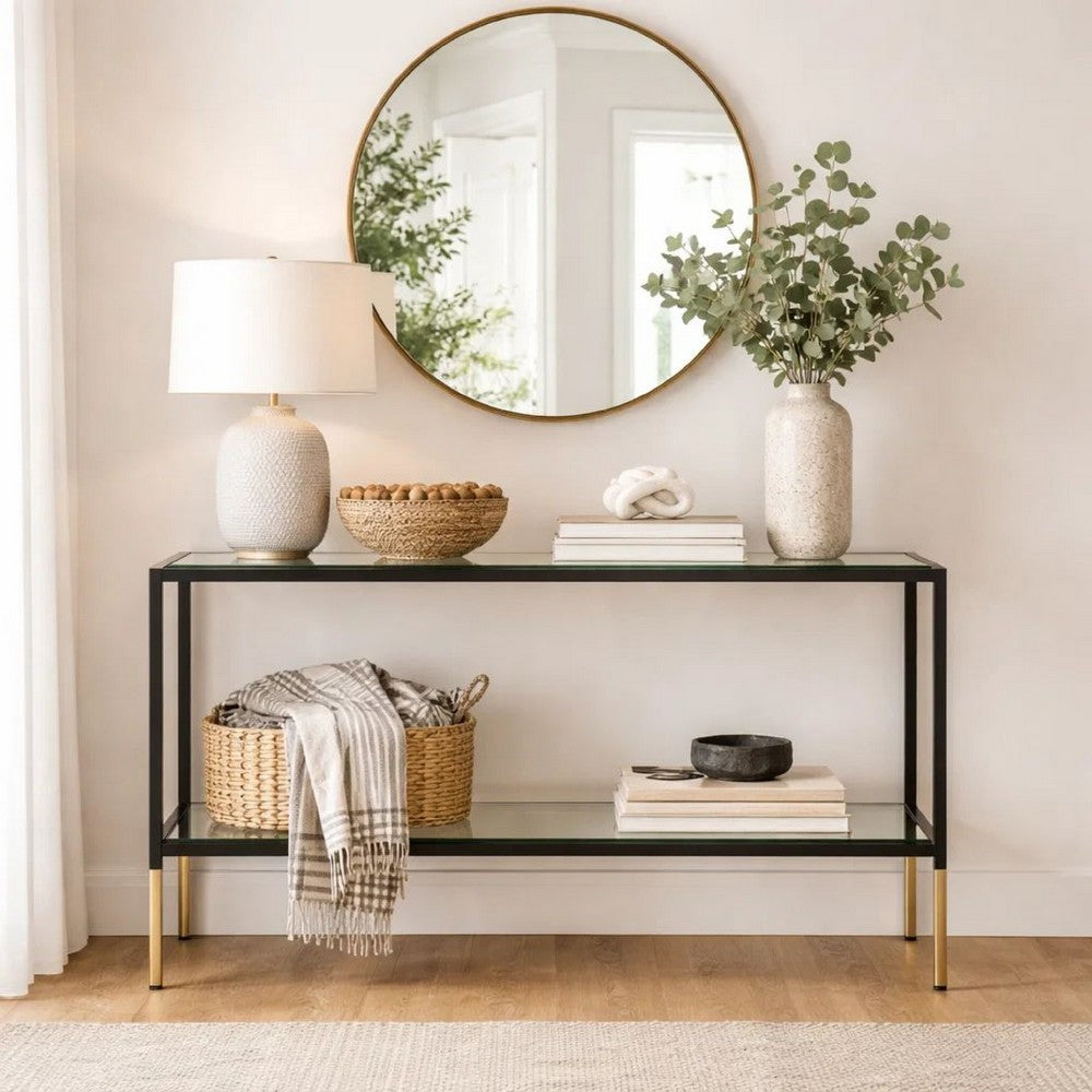 Beny Sofa Console Table | 48" Glass Top | 1 Shelf | Modern Black Iron