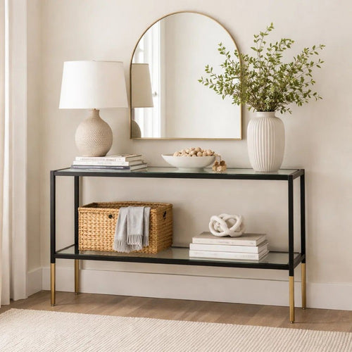 Beny Sofa Console Table | 48" Glass Top | 1 Shelf | Modern Black Iron