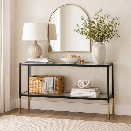 Beny Sofa Console Table | 48" Glass Top | 1 Shelf | Modern Black Iron