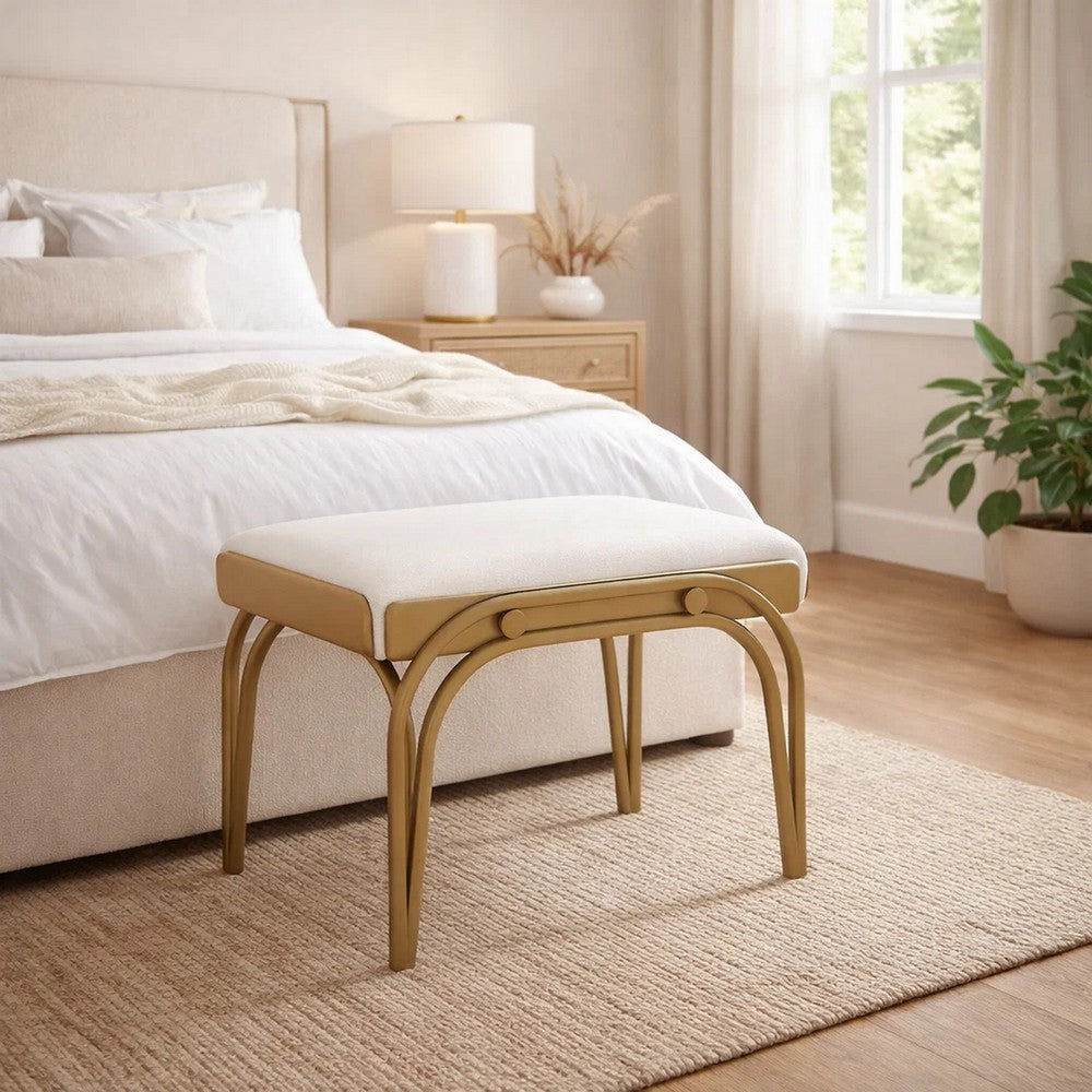 Nia Accent Bench | 24" Cream White Cushioned Seat | Antique Brass Iron