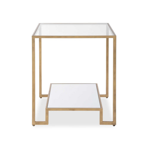 Kix Side End Table | 20" Square Glass Top | Open Shelf | Antique Gold