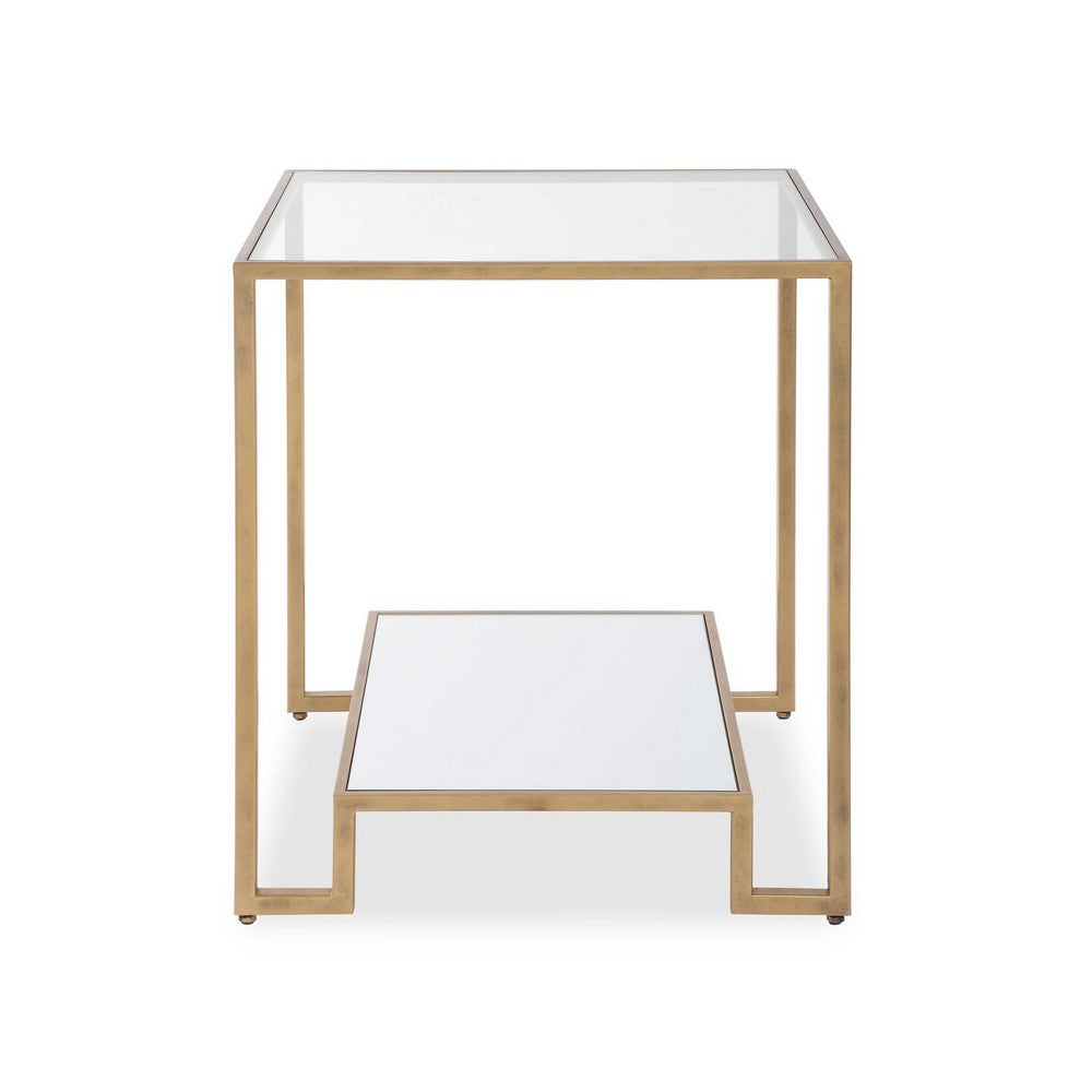 Kix Side End Table | 20" Square Glass Top | Open Shelf | Antique Gold