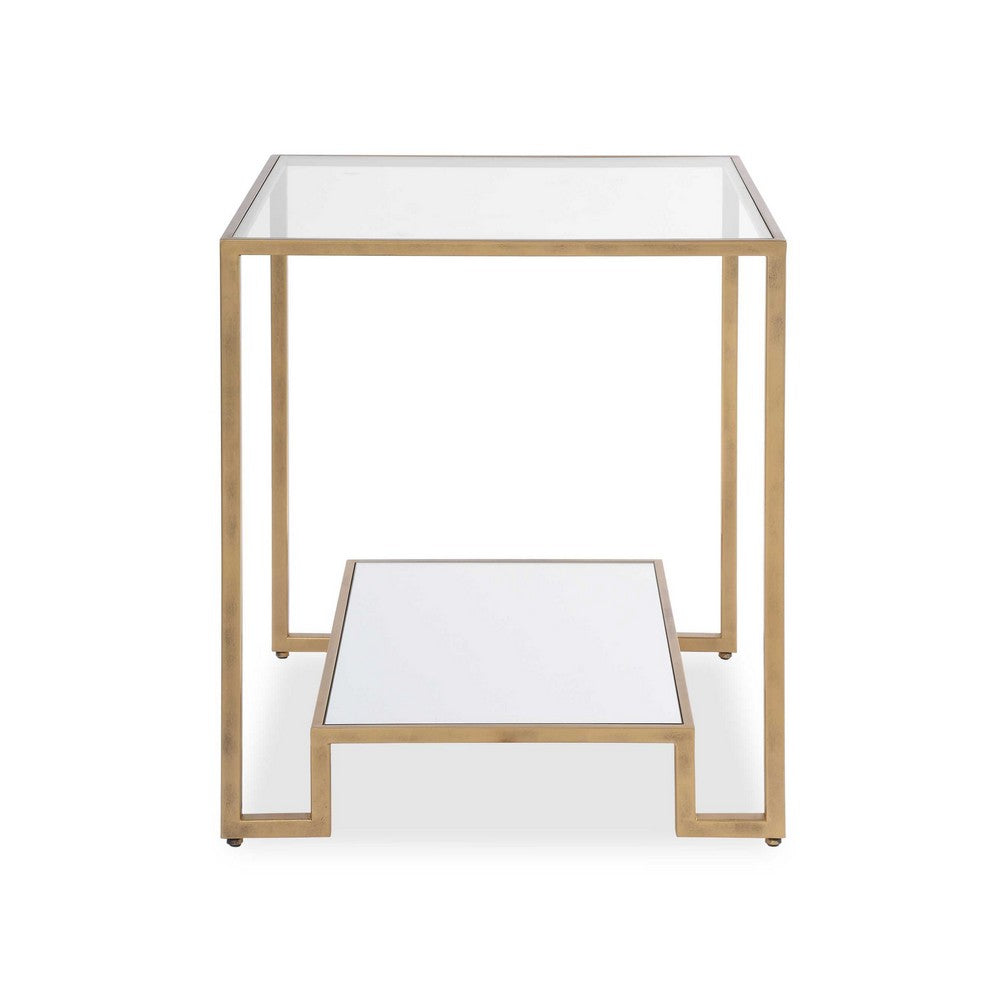 Kix Side End Table | 20" Square Glass Top | Open Shelf | Antique Gold