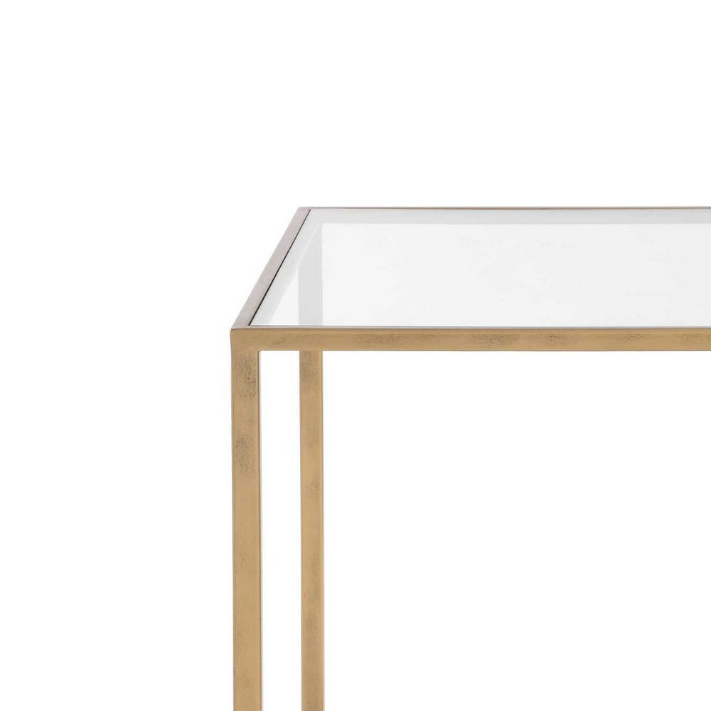 Kix Side End Table | 20" Square Glass Top | Open Shelf | Antique Gold