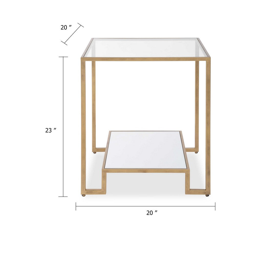 Kix Side End Table | 20" Square Glass Top | Open Shelf | Antique Gold