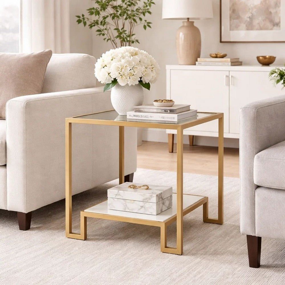 Kix Side End Table | 20" Square Glass Top | Open Shelf | Antique Gold