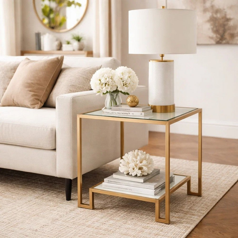 Kix Side End Table | 20" Square Glass Top | Open Shelf | Antique Gold