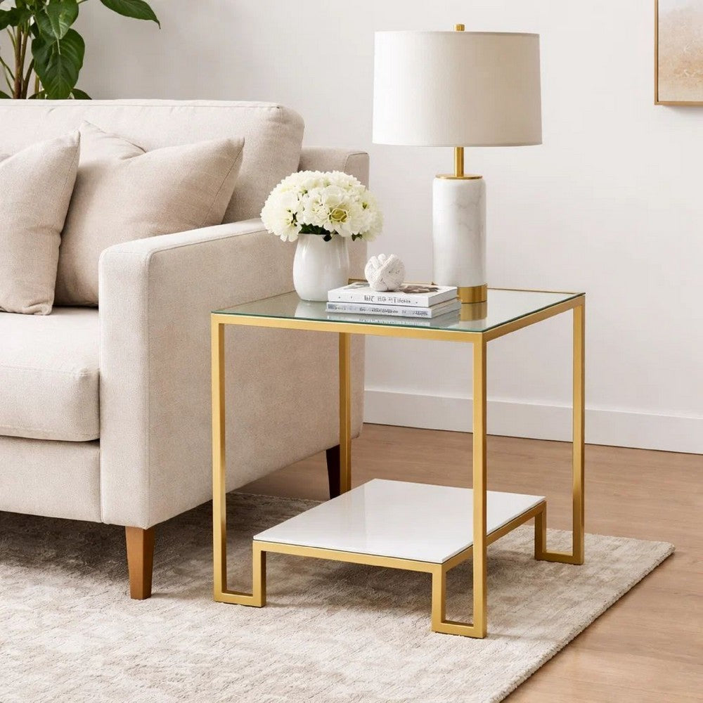 Kix Side End Table | 20" Square Glass Top | Open Shelf | Antique Gold