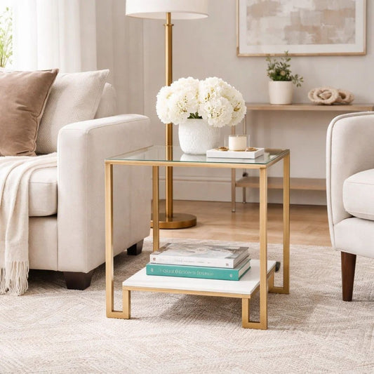 Kix Side End Table | 20" Square Glass Top | Open Shelf | Antique Gold