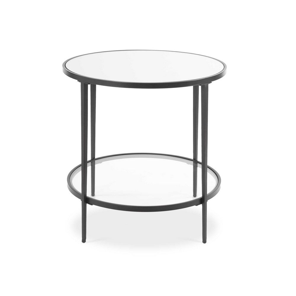 Lify Side End Table | 24" Round Mirrored Top | Open Shelf | Black