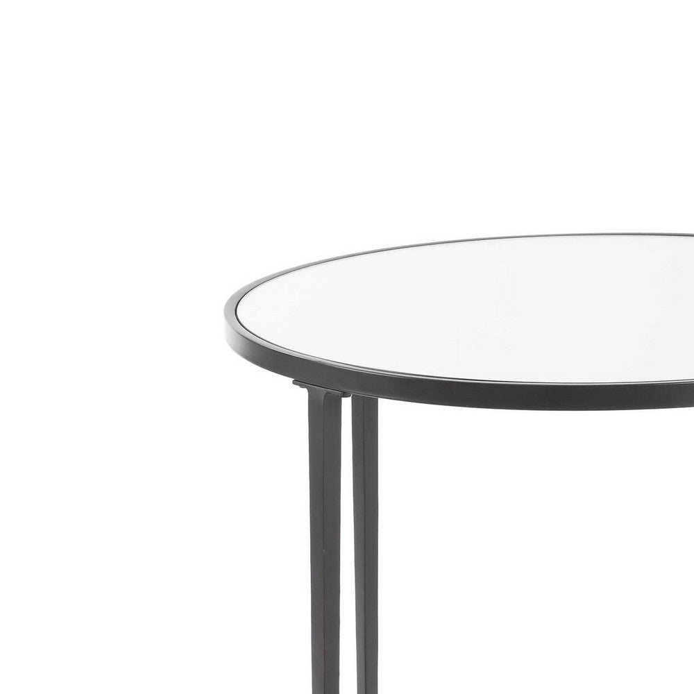 Lify Side End Table | 24" Round Mirrored Top | Open Shelf | Black