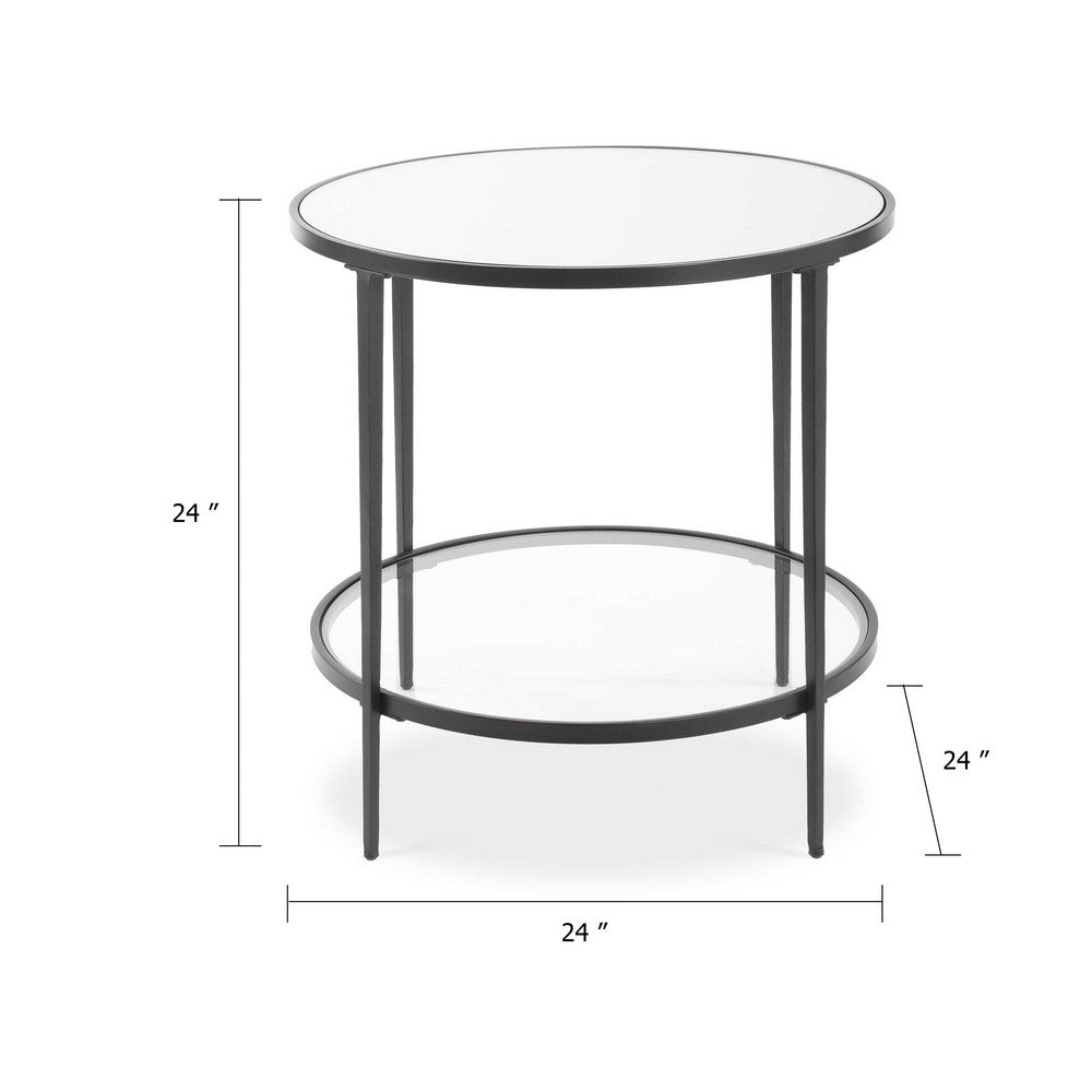 Lify Side End Table | 24" Round Mirrored Top | Open Shelf | Black