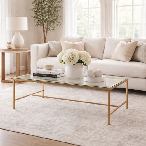 Ova Coffee Table | 47" Rectangular Glass Top | Antique Gold Iron