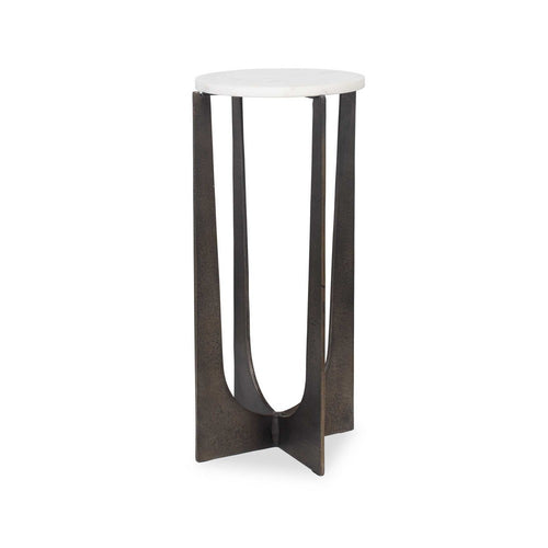 Dery Accent Table | 12" Round White Marble Top | Brass Bronze Legs