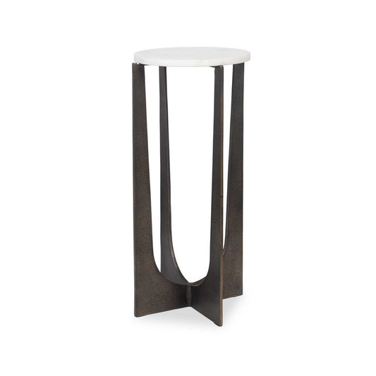 Dery Accent Table | 12" Round White Marble Top | Brass Bronze Legs