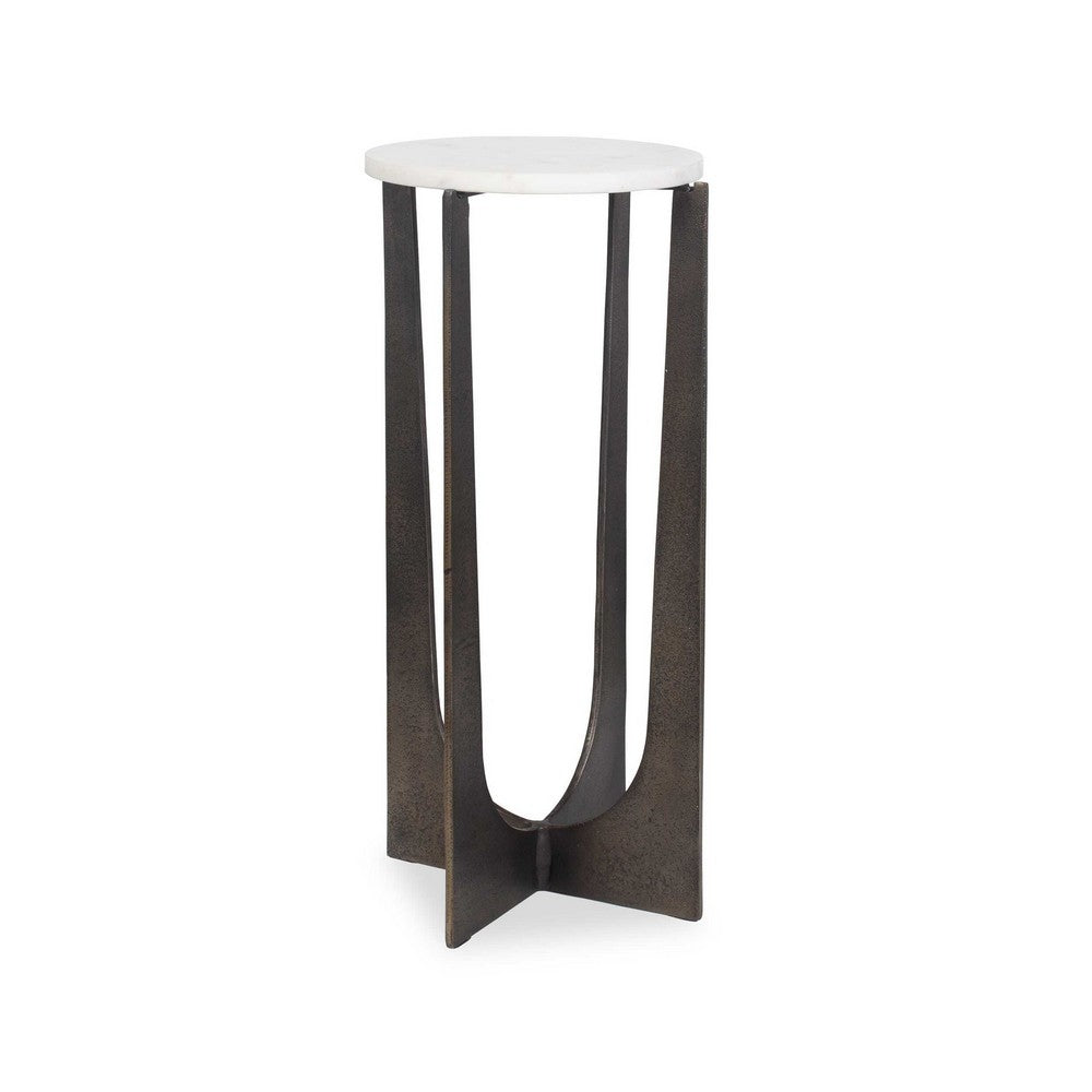 Dery Accent Table | 12" Round White Marble Top | Brass Bronze Legs