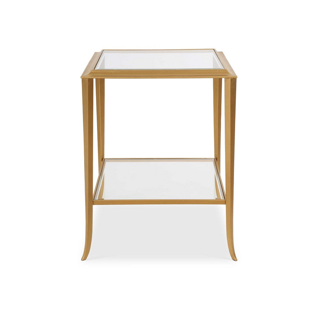 Fer Accent Table | 18" Glass Top | Bottom Open Shelf | Gold Leaf Iron