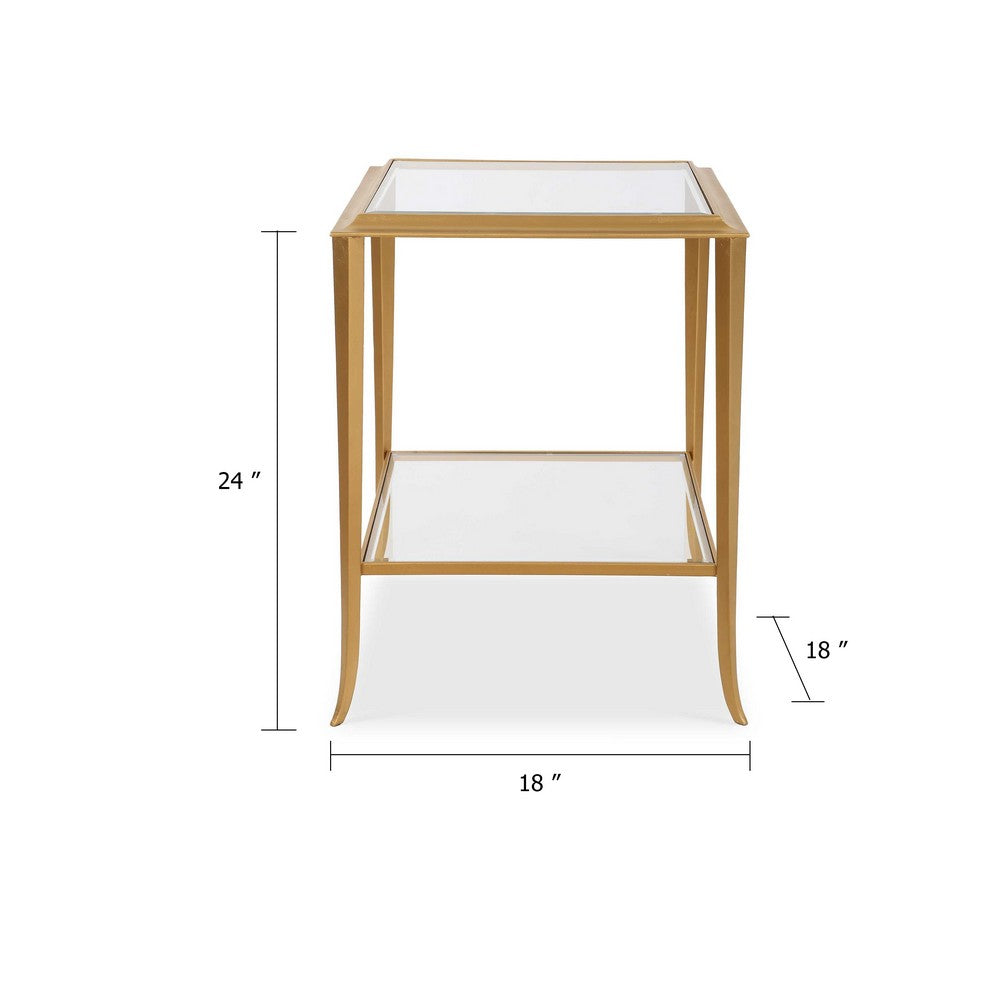 Fer Accent Table | 18" Glass Top | Bottom Open Shelf | Gold Leaf Iron