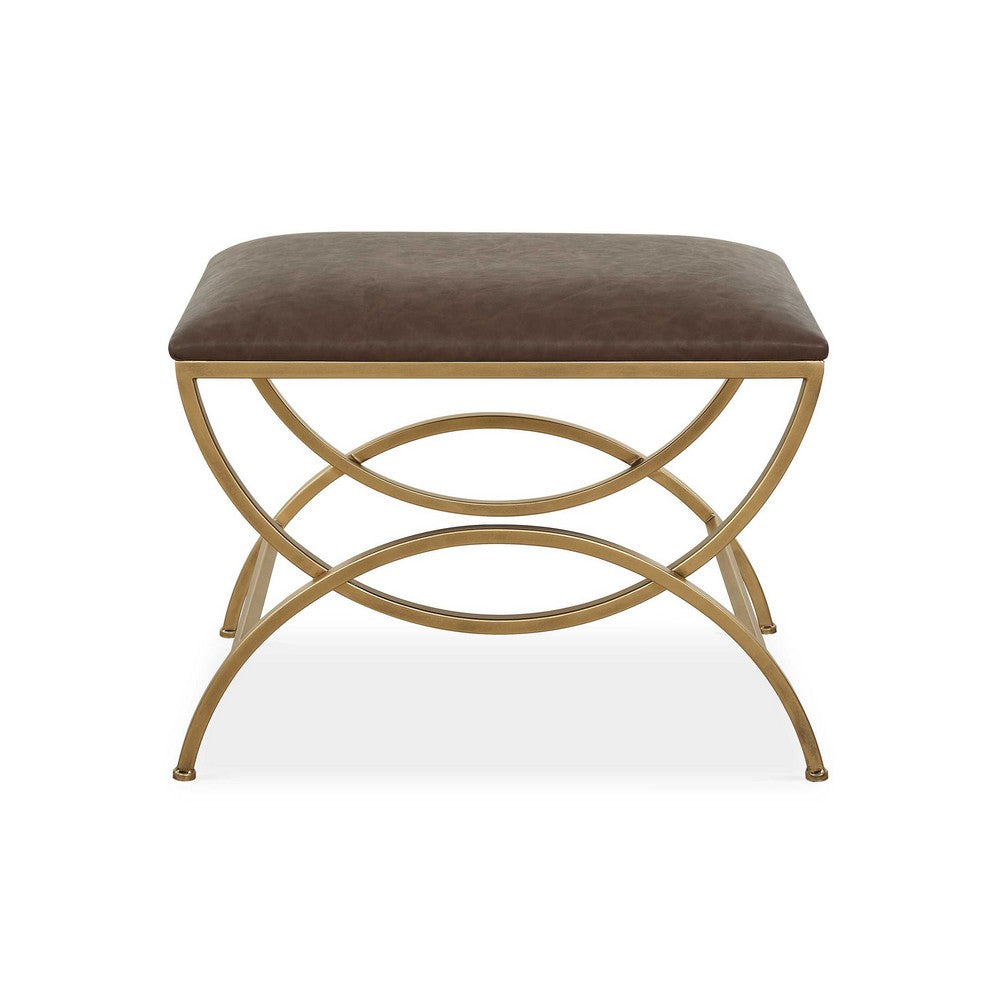 Enzy Accent Stool | 24" Cocoa Brown Faux Leather Top | Brass Base