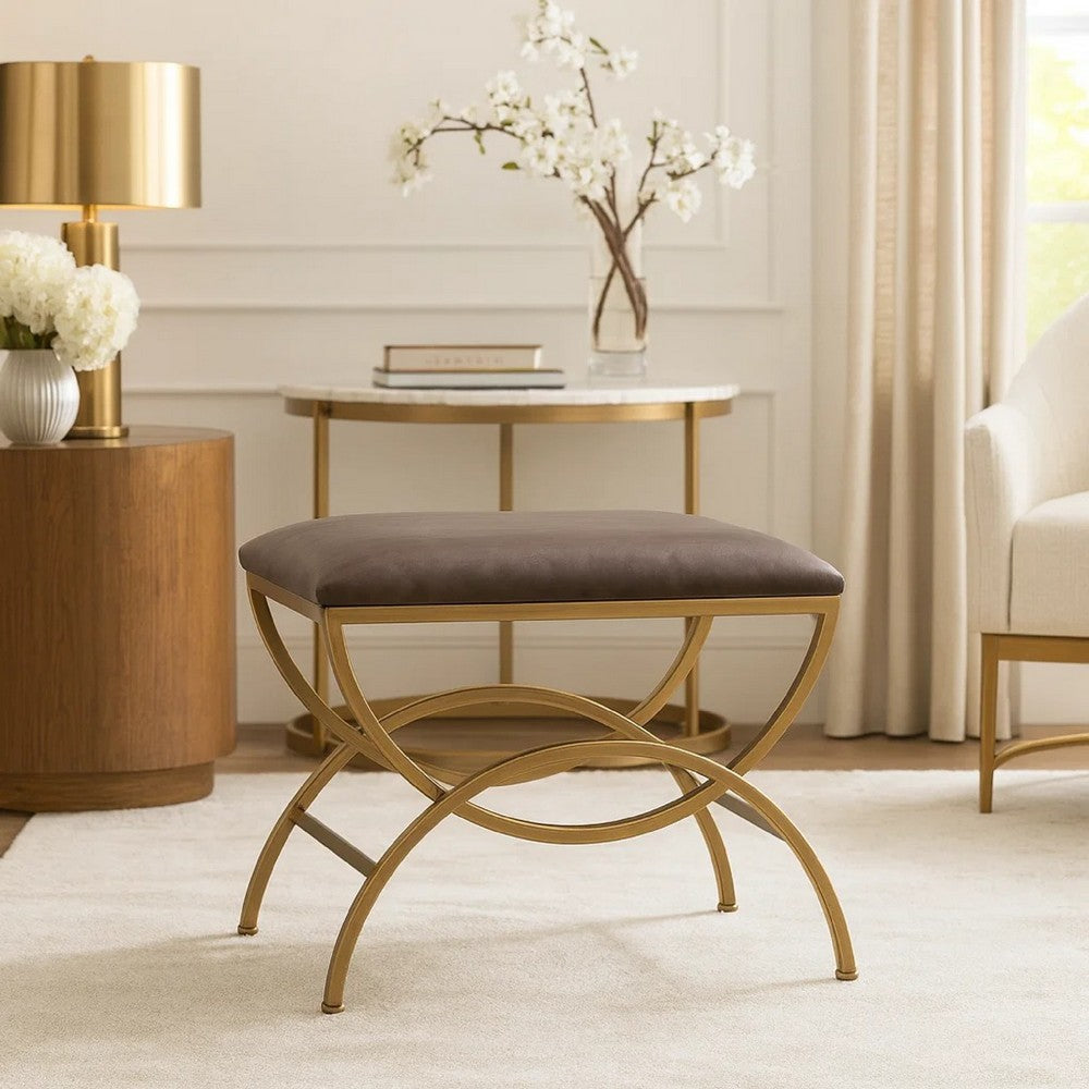 Enzy Accent Stool | 24" Cocoa Brown Faux Leather Top | Brass Base