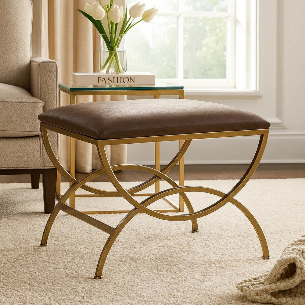 Enzy Accent Stool | 24" Cocoa Brown Faux Leather Top | Brass Base