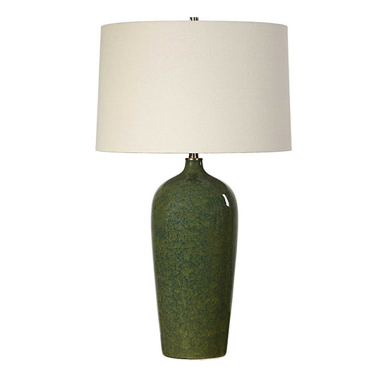 Table Lamp | Beige Linen Shade | Distressed Emerald Green Ceramic 28"