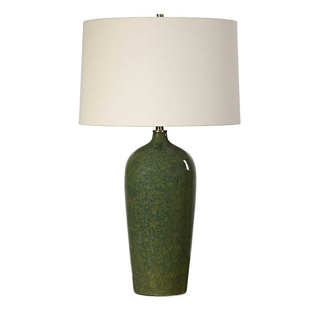 Table Lamp | Beige Linen Shade | Distressed Emerald Green Ceramic 28"