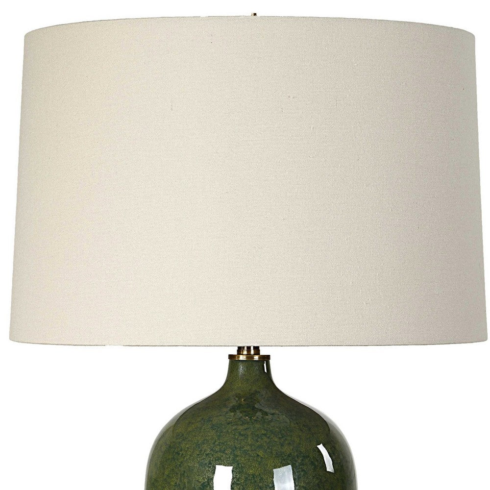 Table Lamp | Beige Linen Shade | Distressed Emerald Green Ceramic 28"