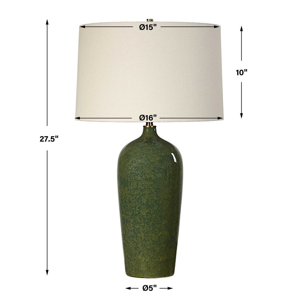 Table Lamp | Beige Linen Shade | Distressed Emerald Green Ceramic 28"