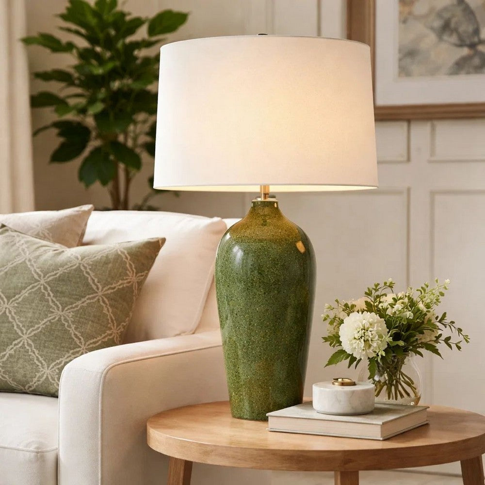 Table Lamp | Beige Linen Shade | Distressed Emerald Green Ceramic 28"