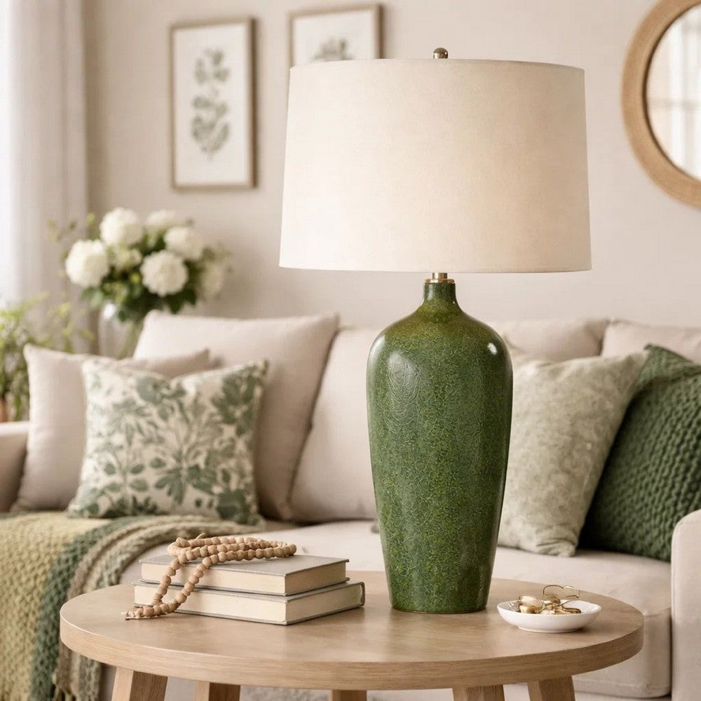 Table Lamp | Beige Linen Shade | Distressed Emerald Green Ceramic 28"